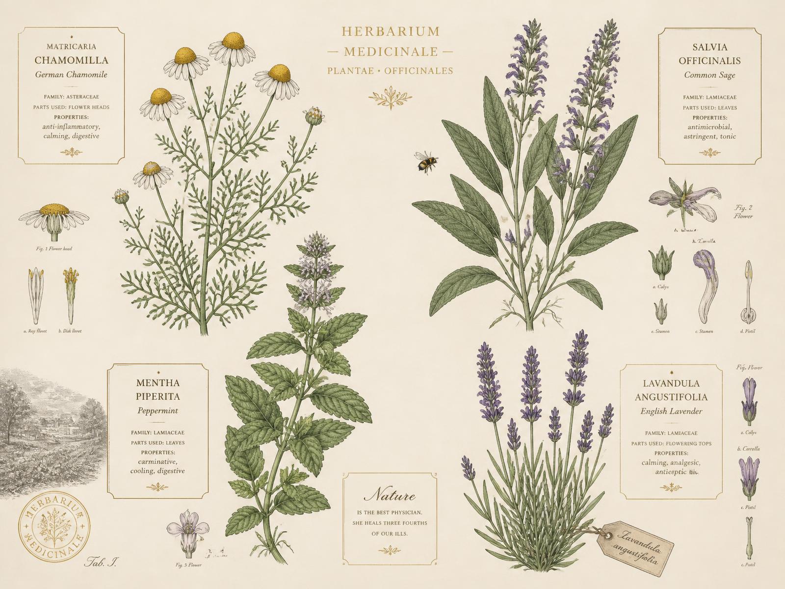 Prancha de herbário com ilustrações botânicas de camomila, sálvia, menta e lavanda